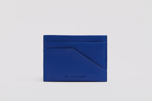 High quality leather cardholder in a vibrant shade of blue.